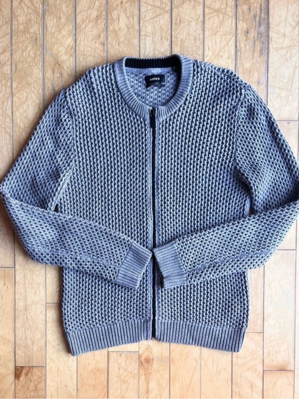 MEXX Waffle Knit Zip-Up Cardigan Sweater Gray Slim Fit Size XL